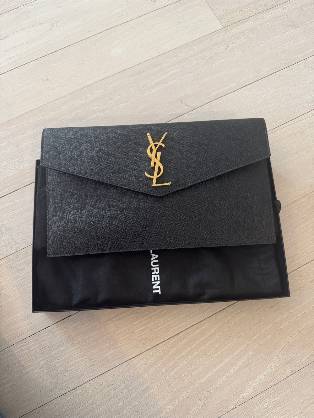 Saint Laurent Black Pebbled Leather Envelope Clutch with Gold YSL Logo